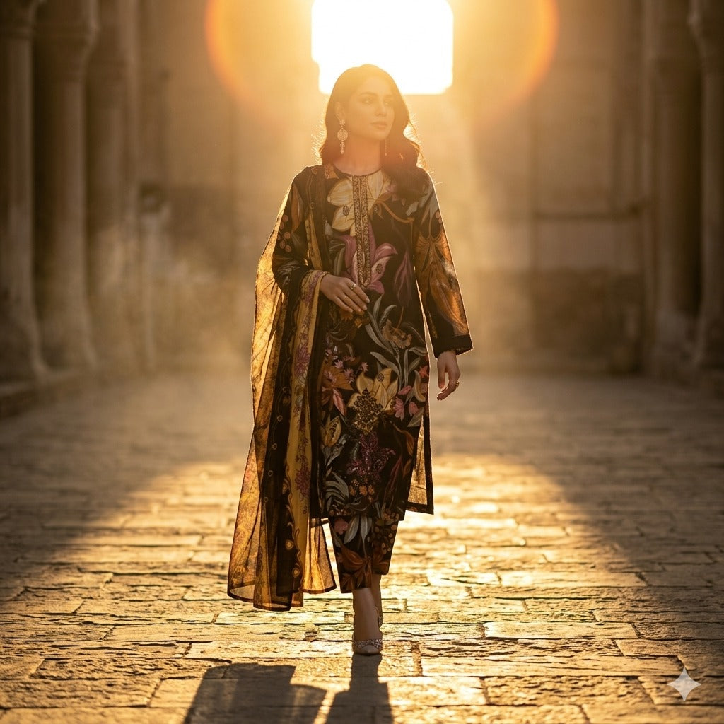 3PC Digital Printed Lawn Collection With Embroided Neck Line And Daman SC-1036