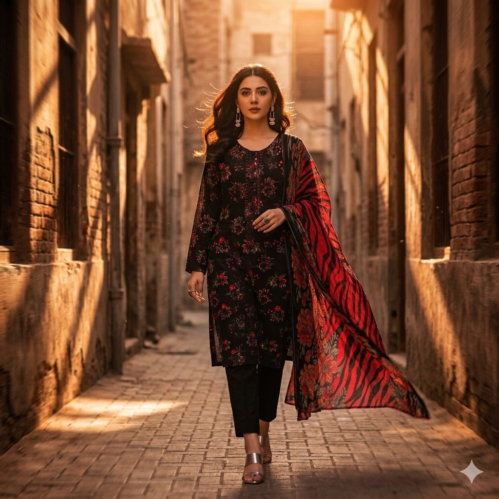 3PC Digital Printed Lawn Collection With Embroided Neck Line And Daman SC-1029