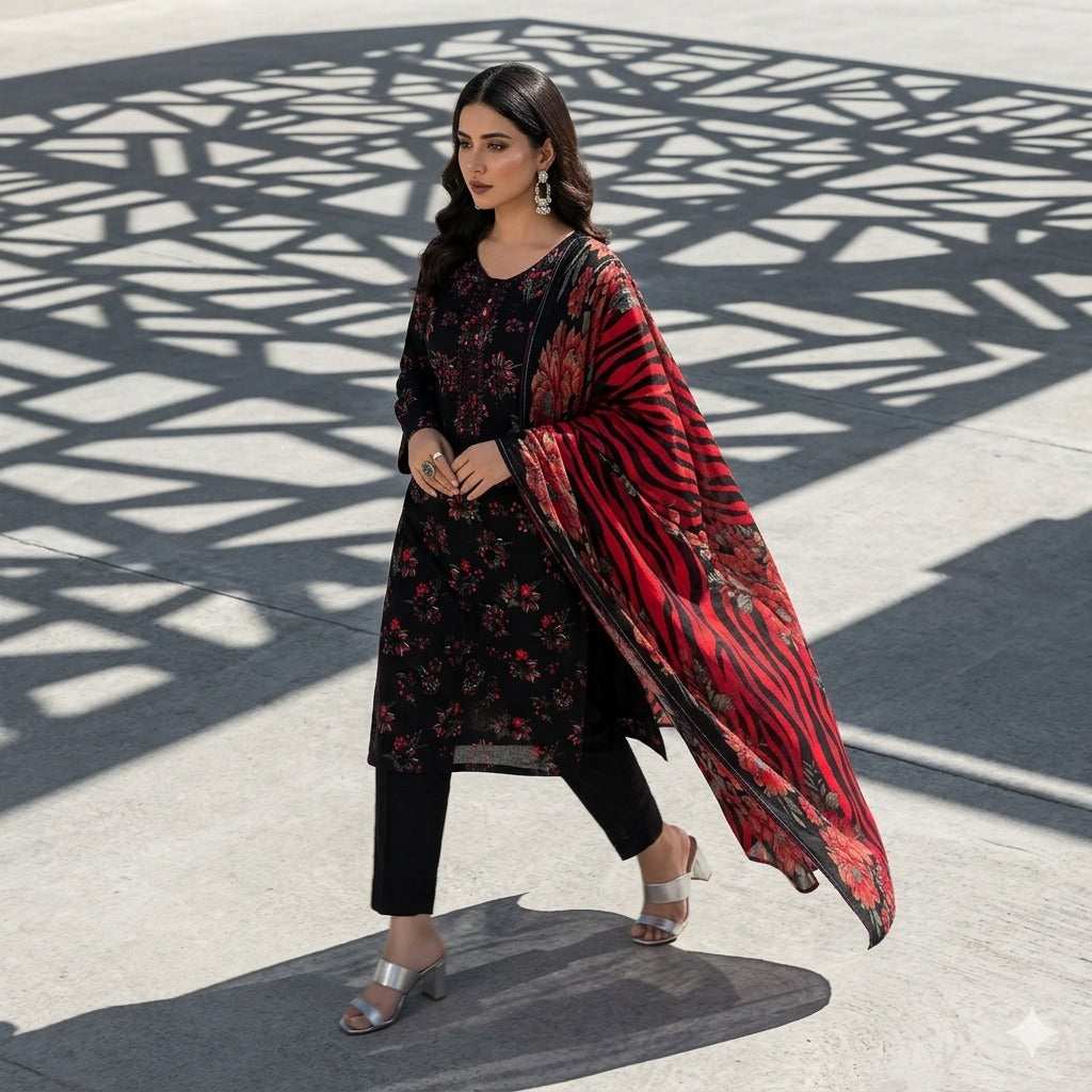 3PC Digital Printed Lawn Collection With Embroided Neck Line And Daman SC-1029