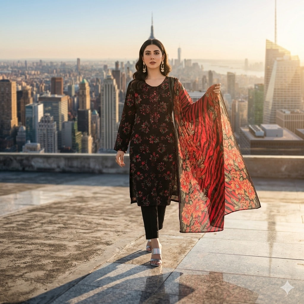 3PC Digital Printed Lawn Collection With Embroided Neck Line And Daman SC-1029