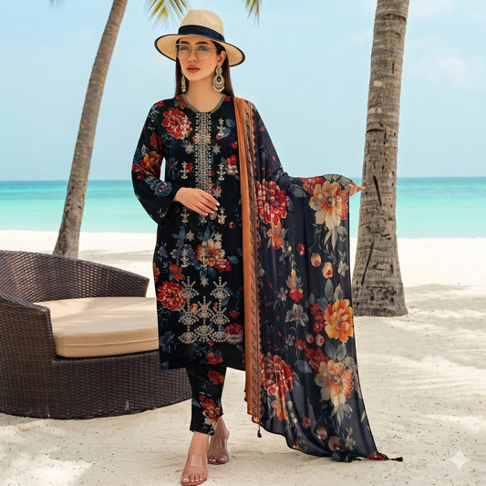 3PC Digital Printed Lawn Collection With Embroided Neck Line And Daman SC-1050