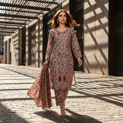 3PC Digital Printed Lawn Collection With Embroided Neck Line And Daman SC-1040