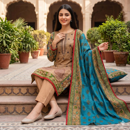 3PC Digital Printed Lawn Collection With Embroided Neck Line And Daman SC-1051