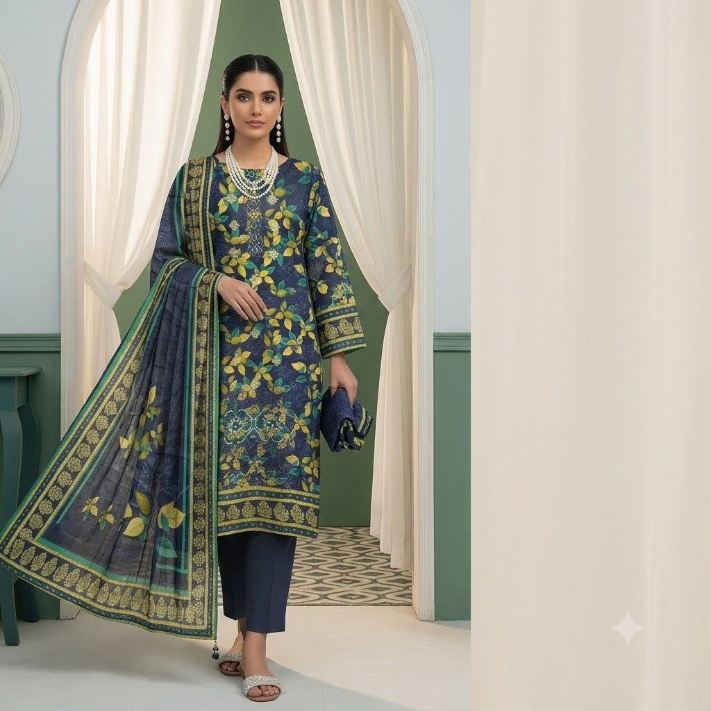 3PC Digital Printed Lawn Collection With Embroided Neck Line And Daman NSC-1073