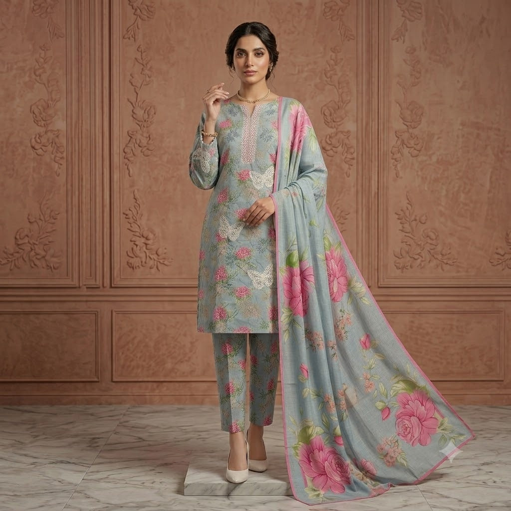 3PC Digital Printed Lawn Collection With Embroided Neck Line And Daman NSC-1074