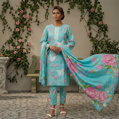 3PC Digital Printed Lawn Collection With Embroided Neck Line And Daman NSC-1075