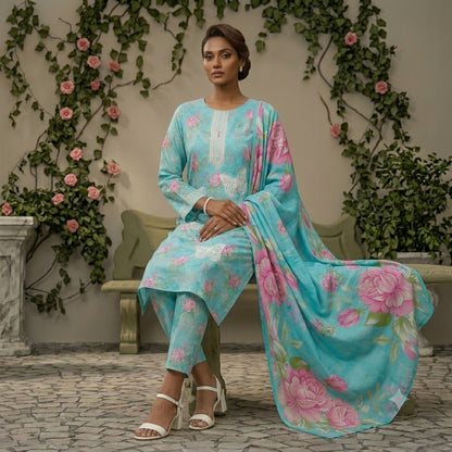 3PC Digital Printed Lawn Collection With Embroided Neck Line And Daman NSC-1075