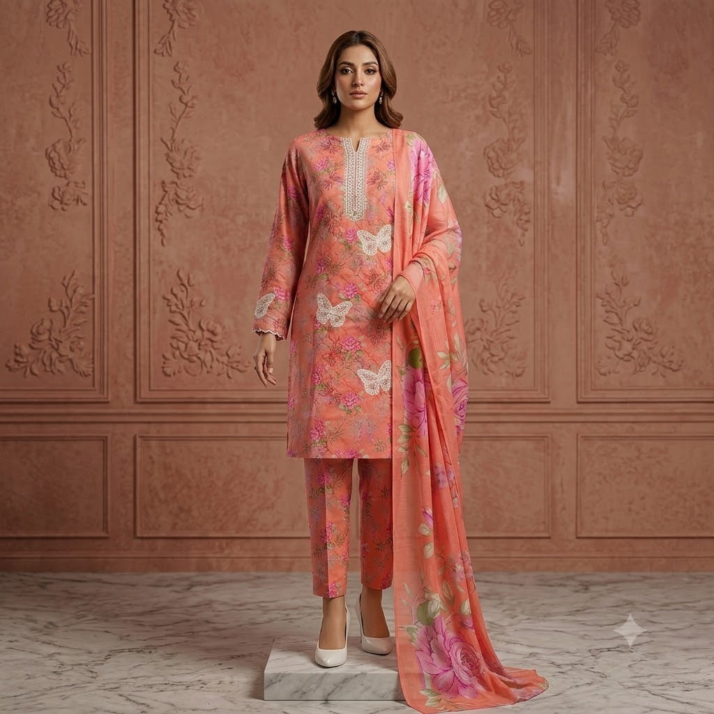 3PC Digital Printed Lawn Collection With Embroided Neck Line And Daman NSC-1076