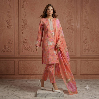 3PC Digital Printed Lawn Collection With Embroided Neck Line And Daman NSC-1076