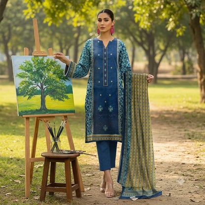 3PC Digital Printed Lawn Collection With Embroided Neck Line And Daman NSC-1077