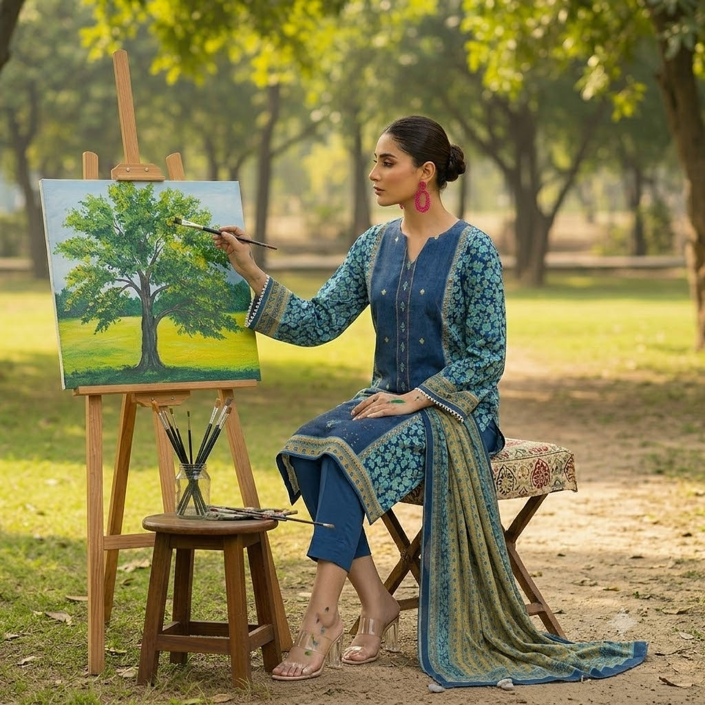 3PC Digital Printed Lawn Collection With Embroided Neck Line And Daman NSC-1077