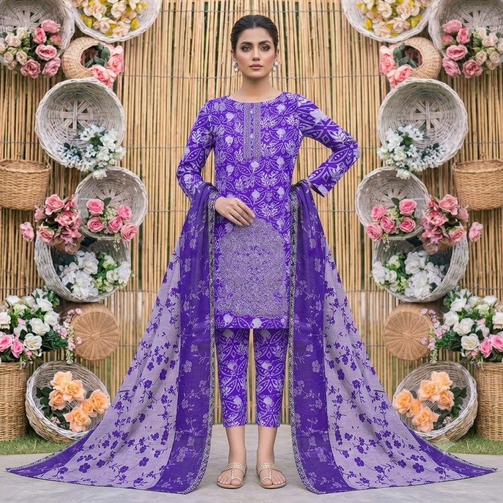 3PC Digital Printed Lawn Collection With Embroided Neck Line And Daman NSC-1078