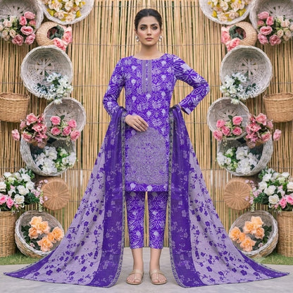 3PC Digital Printed Lawn Collection With Embroided Neck Line And Daman NSC-1078