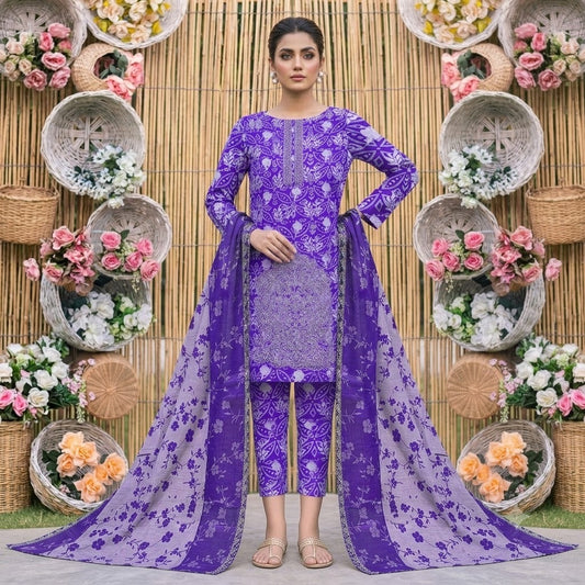 3PC Digital Printed Lawn Collection With Embroided Neck Line And Daman NSC-1078