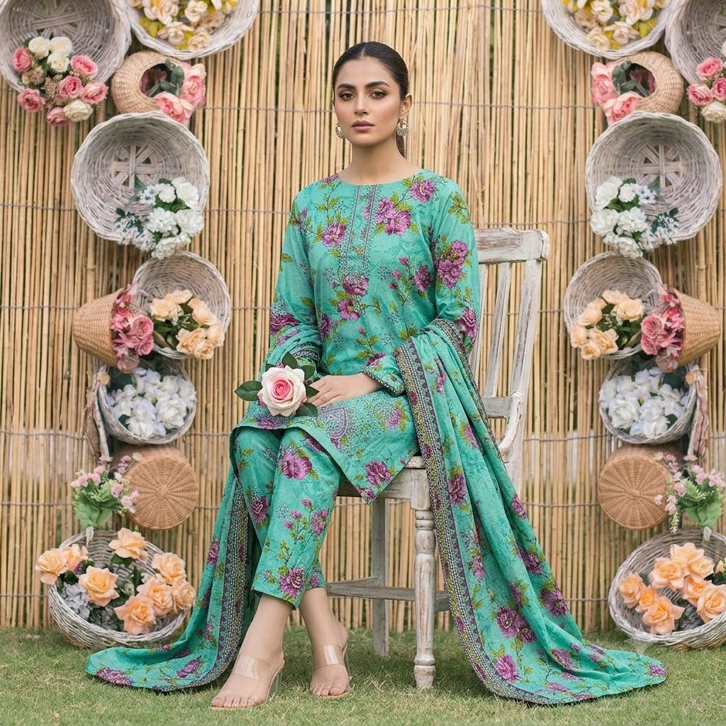 3PC Digital Printed Lawn Collection With Embroided Neck Line And Daman NSC-1079