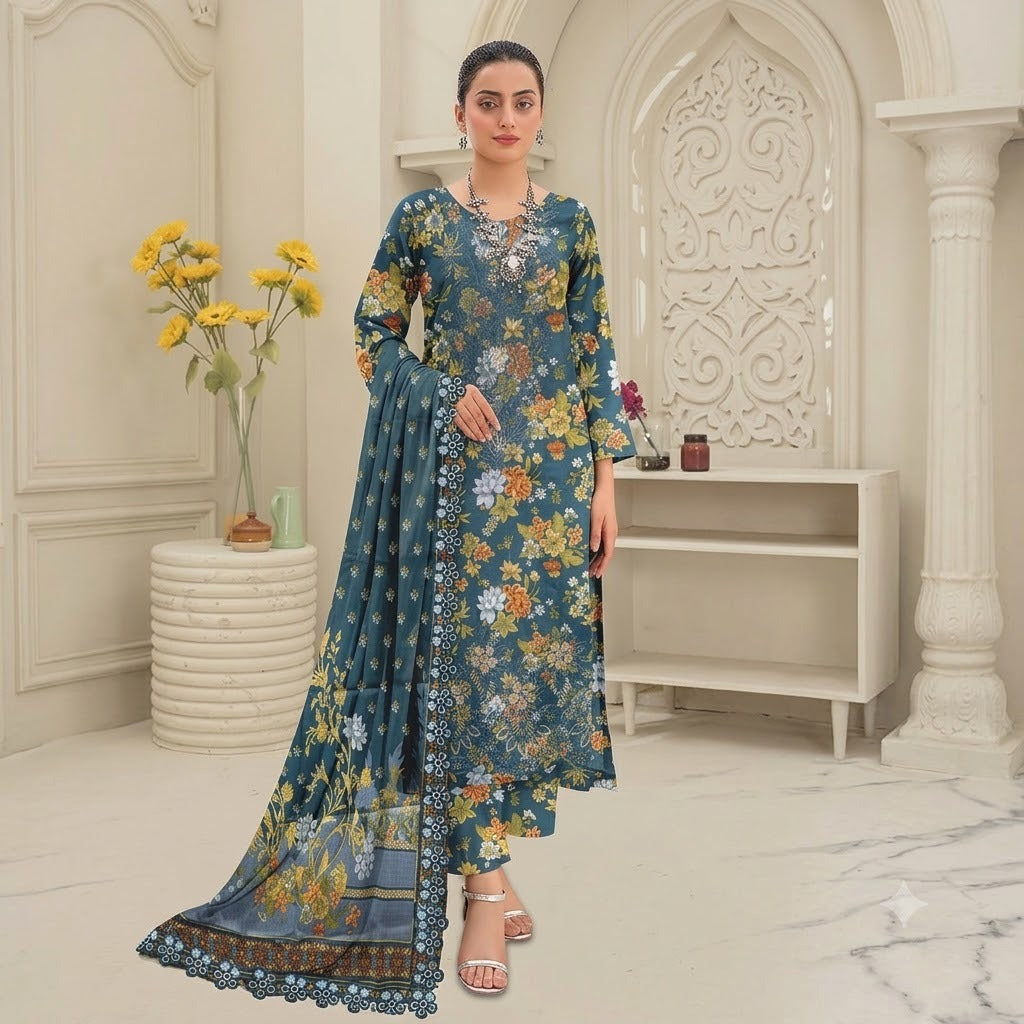 3PC Digital Printed Lawn Collection With Embroided Neck Line And Daman NSC-1081