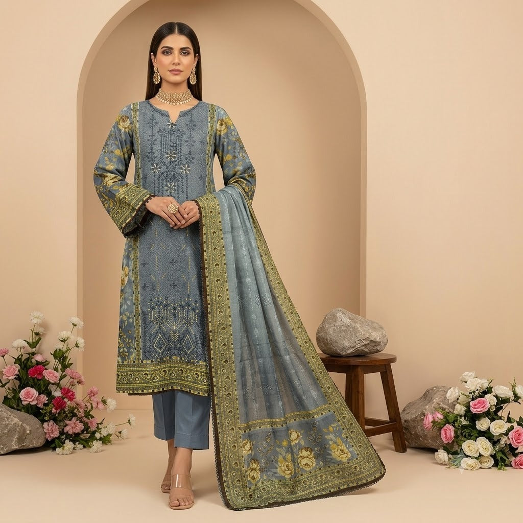 3PC Digital Printed Lawn Collection With Embroided Neck Line And Daman NSC-1082