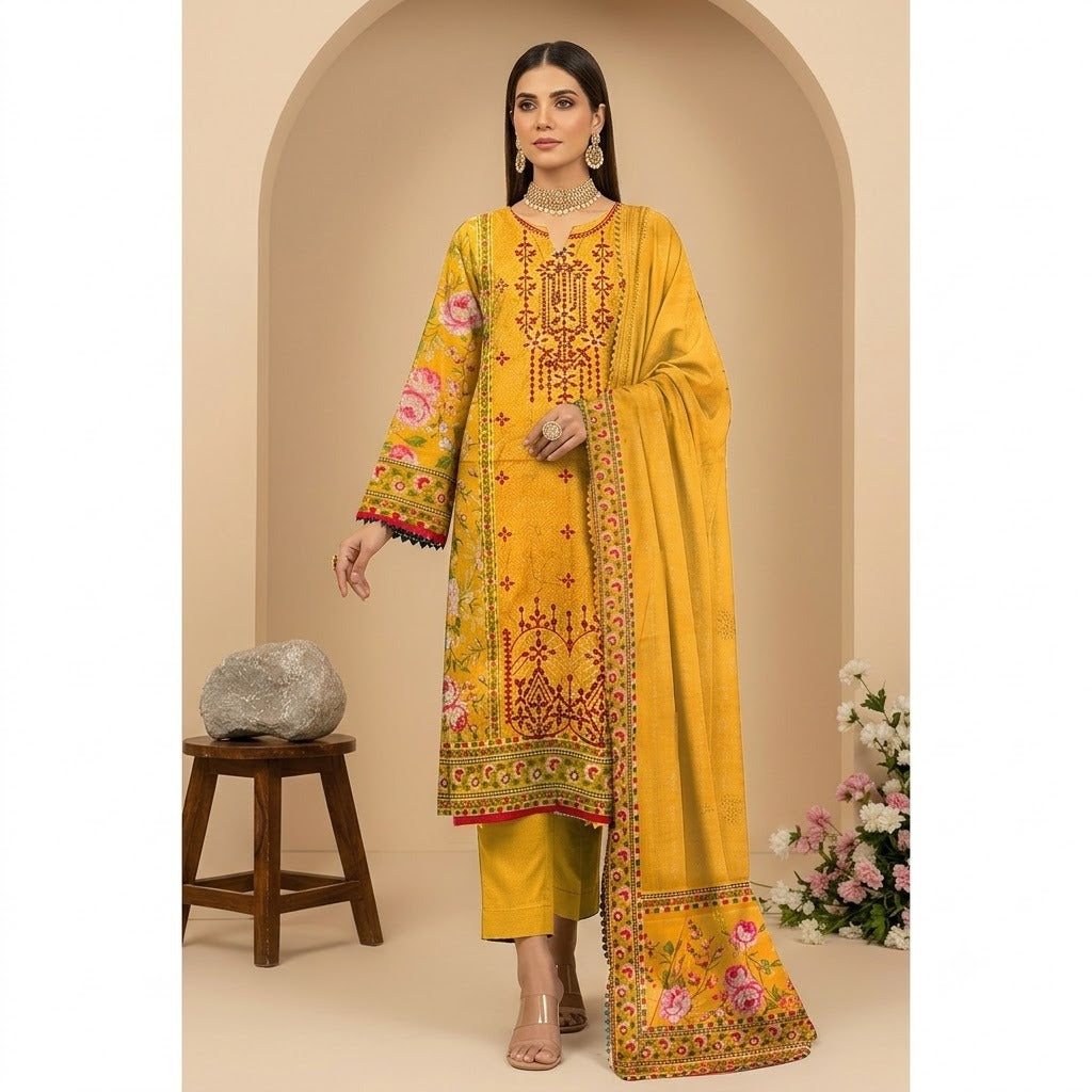 3PC Digital Printed Lawn Collection With Embroided Neck Line And Daman NSC-1083