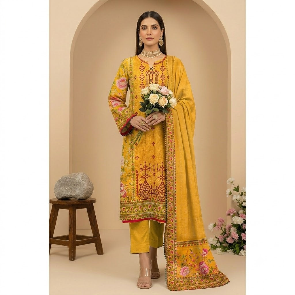 3PC Digital Printed Lawn Collection With Embroided Neck Line And Daman NSC-1083