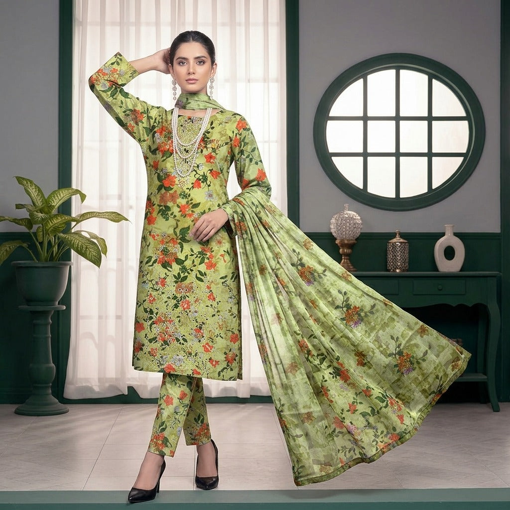 3PC Digital Printed Lawn Collection With Embroided Neck Line And Daman NSC-1059