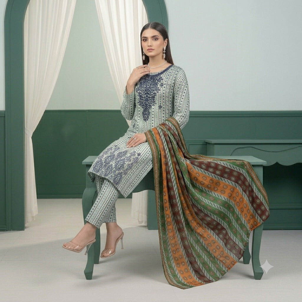 3PC Digital Printed Lawn Collection With Embroided Neck Line And Daman NSC-1061
