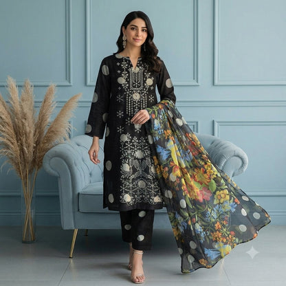 3PC Digital Printed Lawn Collection With Embroided Neck Line And Daman NSC-1062