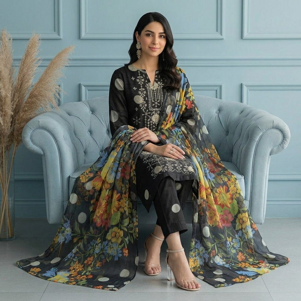 3PC Digital Printed Lawn Collection With Embroided Neck Line And Daman NSC-1062