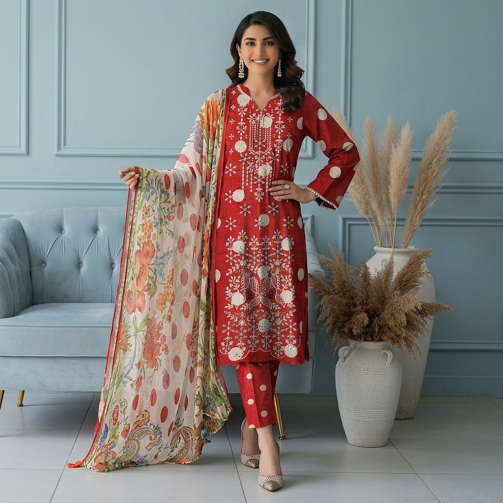 3PC Digital Printed Lawn Collection With Embroided Neck Line And Daman NSC-1063