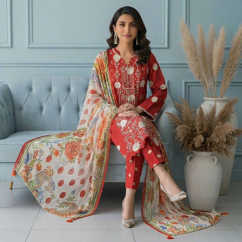 3PC Digital Printed Lawn Collection With Embroided Neck Line And Daman NSC-1063
