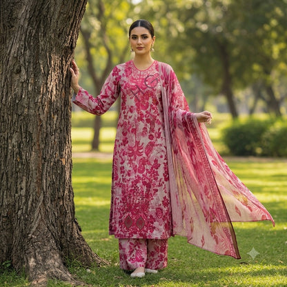 3PC Digital Printed Lawn Collection With Embroided Neck Line And Daman NSC-1054