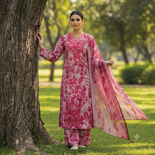3PC Digital Printed Lawn Collection With Embroided Neck Line And Daman NSC-1054