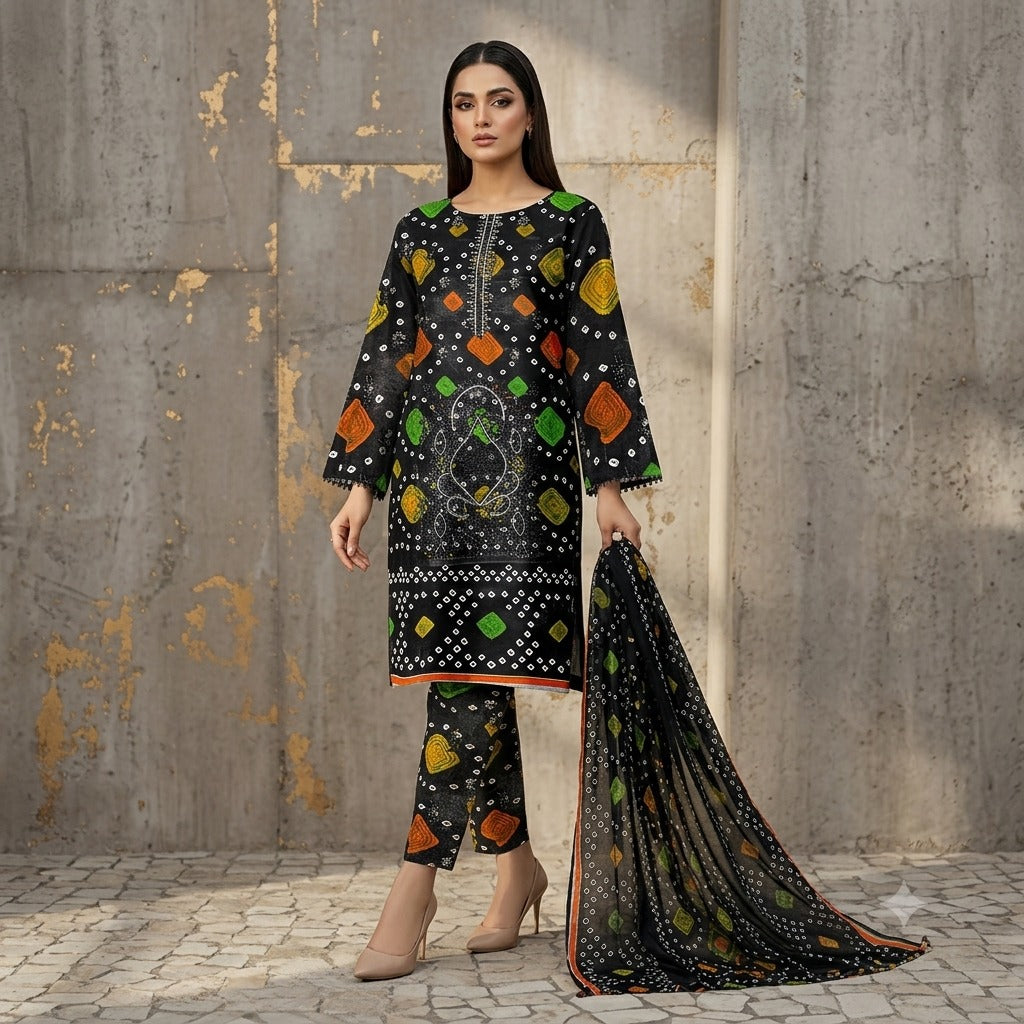 3PC Digital Printed Lawn Collection With Embroided Neck Line And Daman NSC-1064