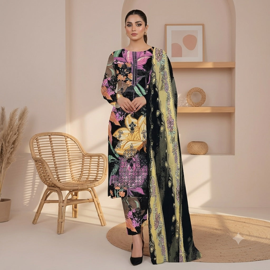 3PC Digital Printed Lawn Collection With Embroided Neck Line And Daman NSC-1065