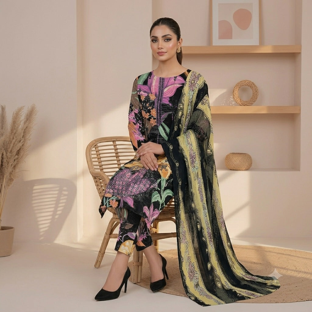 3PC Digital Printed Lawn Collection With Embroided Neck Line And Daman NSC-1065