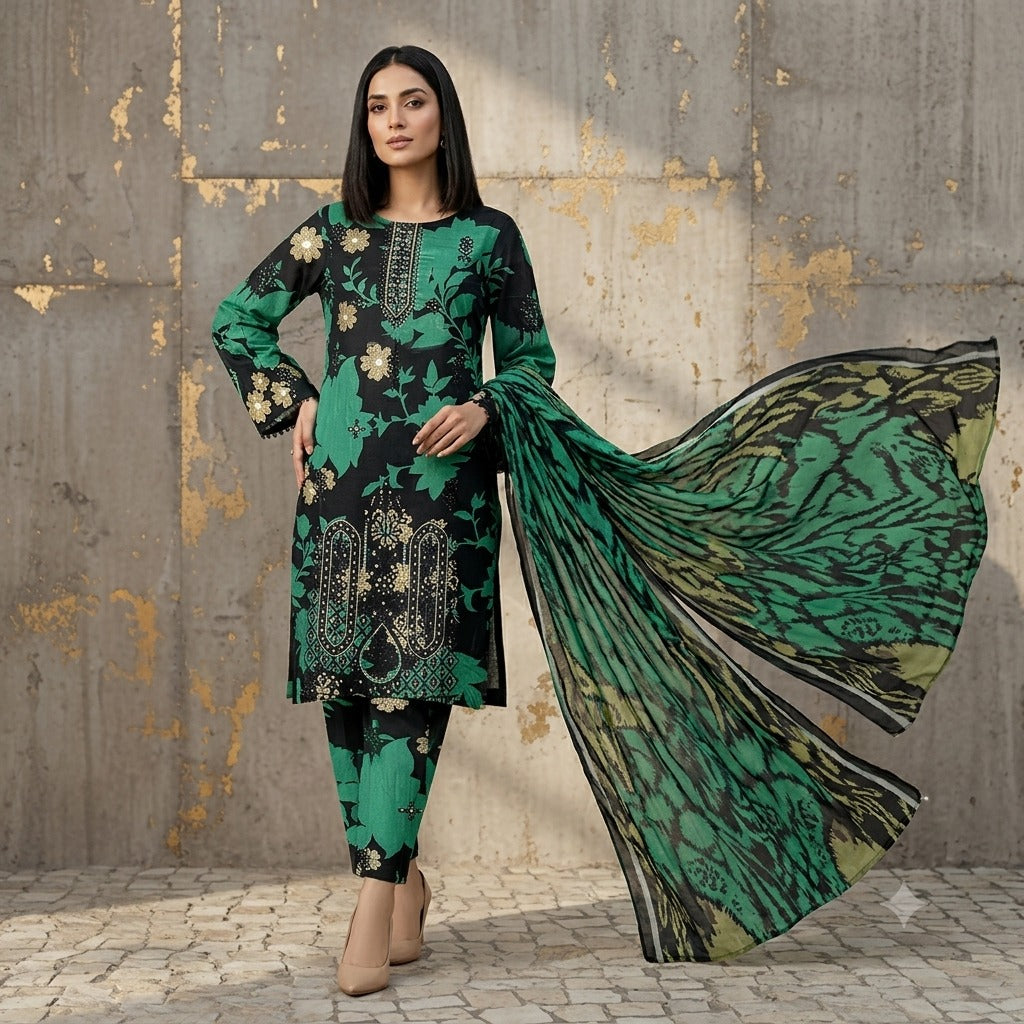 3PC Digital Printed Lawn Collection With Embroided Neck Line And Daman NSC-1066