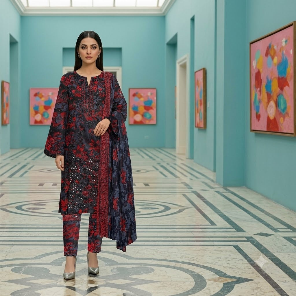 3PC Digital Printed Lawn Collection With Embroided Neck Line And Daman NSC-1067