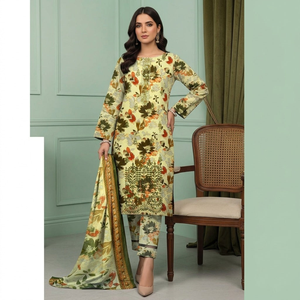 3PC Digital Printed Lawn Collection With Embroided Neck Line And Daman NSC-1056