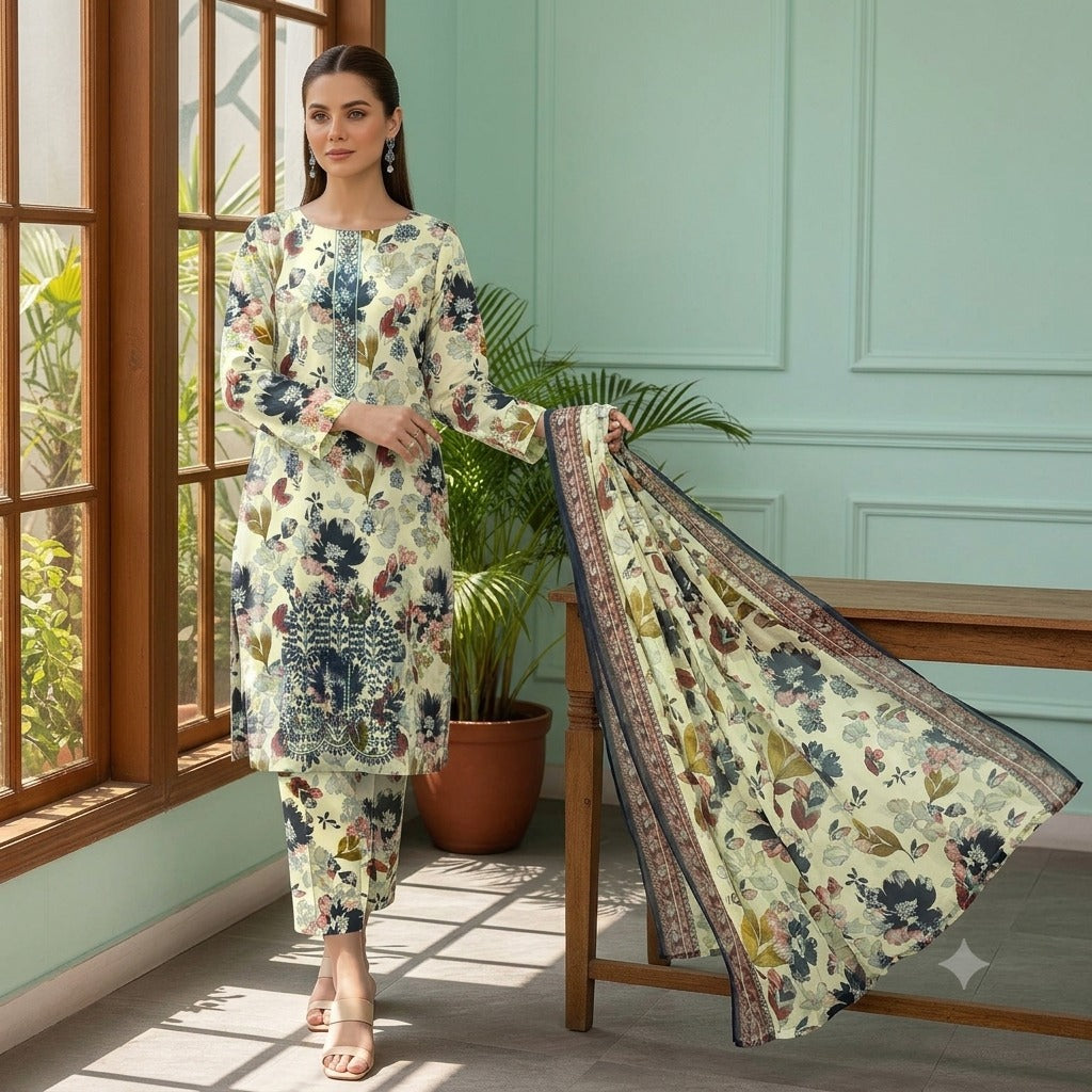 3PC Digital Printed Lawn Collection With Embroided Neck Line And Daman NSC-1057
