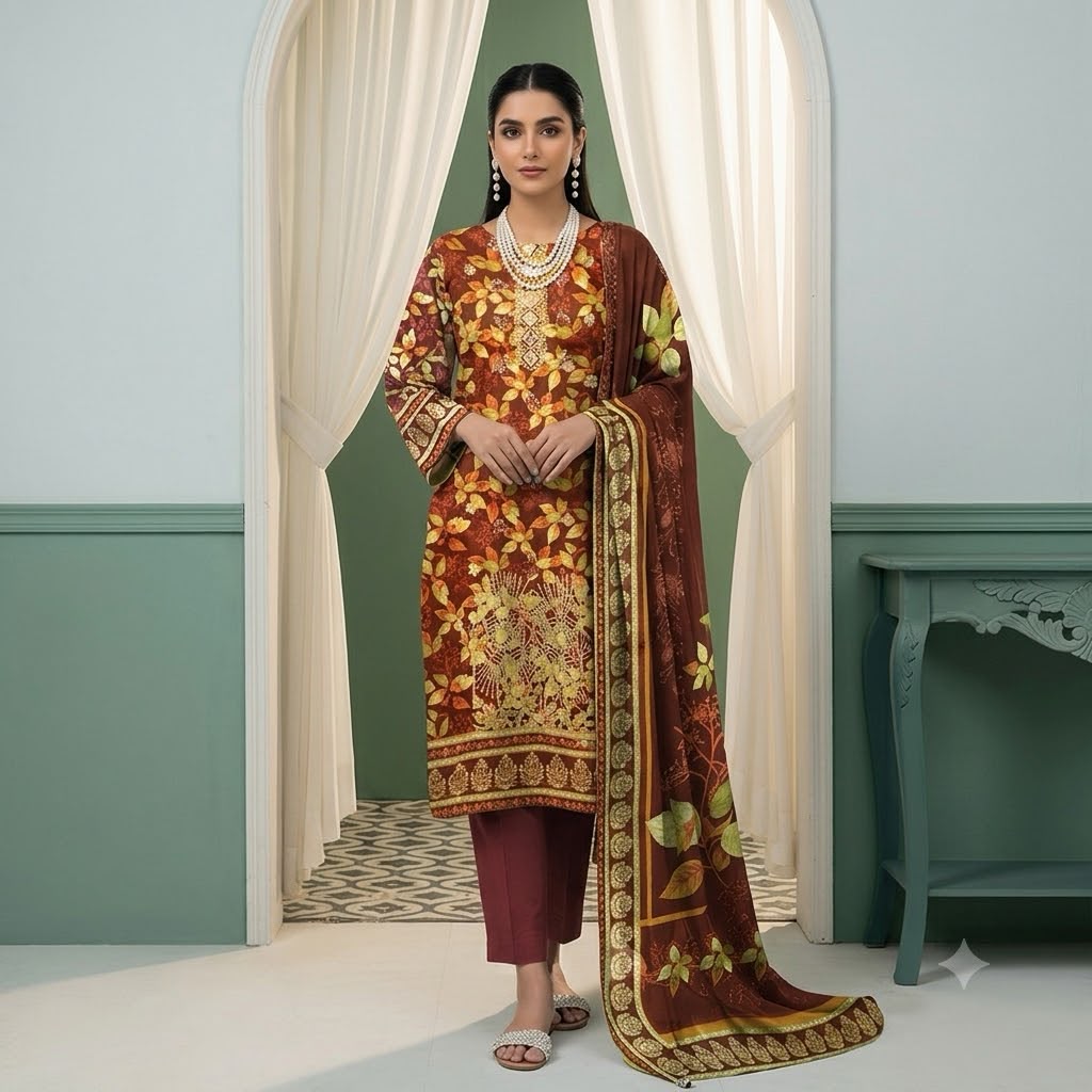 3PC Digital Printed Lawn Collection With Embroided Neck Line And Daman NSC-1072