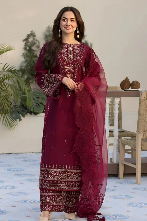 3PCS- Embroidered Velvet Dress with Embroidered Organza Dupatta Velvet Winter Collection 312