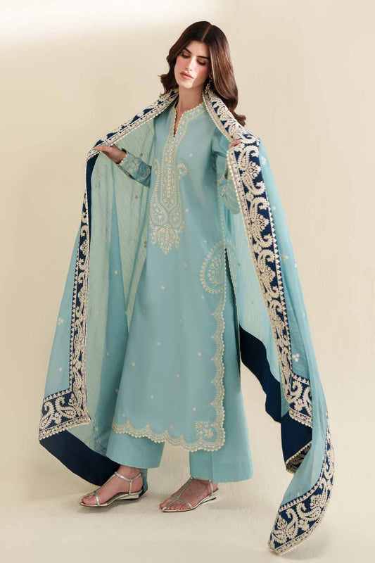 Dhanak-3PC Embroidered Shirt with Khadi Net Embroidered Dupatta - 6348