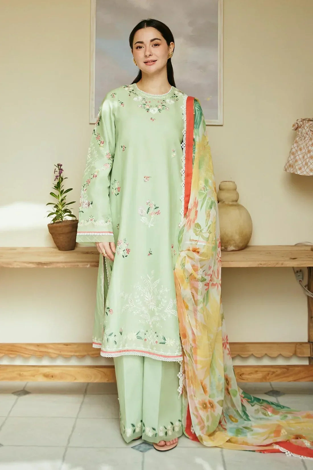 Dhanak-3PC Embroidered Shirt with Digital Printed Shawl - 3238