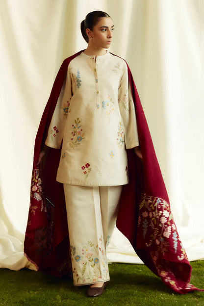 A+ 3PCS ZARA SHAHJAHAN Dhanak Embroidered Shirt With Embroidered Shawl Winter Collection ULM-278