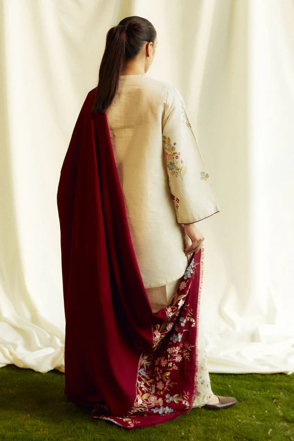 A+ 3PCS ZARA SHAHJAHAN Dhanak Embroidered Shirt With Embroidered Shawl Winter Collection ULM-278