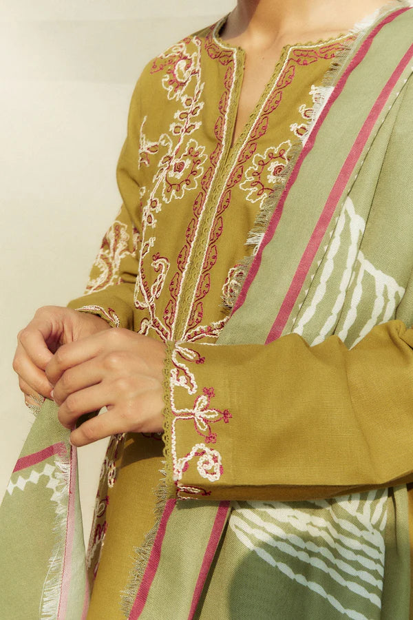 A+ 3PCS ZARA SHAHJAHAN Dhanak Embroidered Shirt With Digital Printed Shawl Winter Collection ULM-271