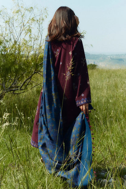 A+ 3PCS ZARA SHAHJAHAN Dhanak Embroidered Shirt With Digital Printed Shawl Winter Collection ULM-274