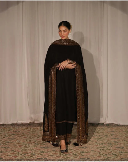 3PCS Dhanak Embroidered Shirt with Organza Sequins Embroidered Dupatta Winter Collection ULM- 3373