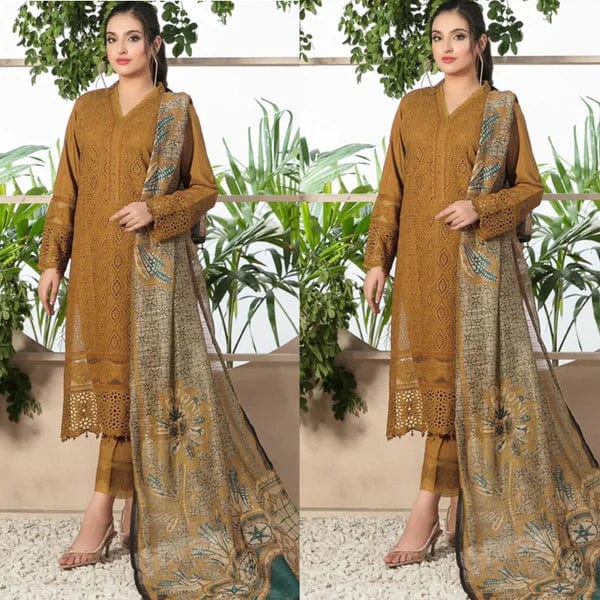 A+ 3PCS Chikenkari  Mustard Embroidered Lawn Collection BULM-1066