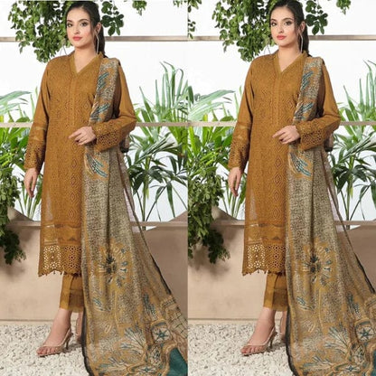 A+ 3PCS Chikenkari  Mustard Embroidered Lawn Collection BULM-1066