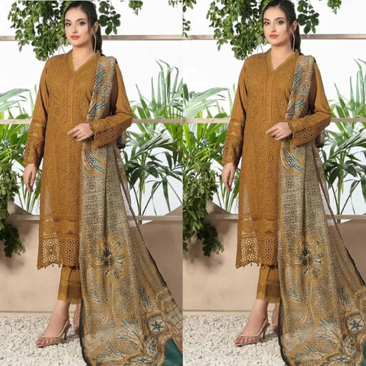3PCS Chikenkari  Mustard Embroidered Lawn Collection BULM-1066